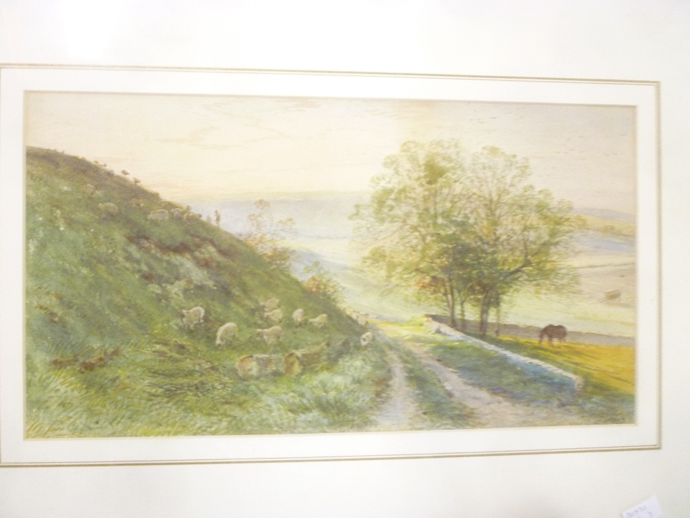 L**Lewis - watercolour Sheep grazing on a hillside, signed,