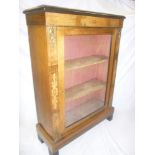 A 19th Century French inlaid walnut rectangular display cabinet with fabric lined shelves enclosed