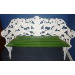 A Victorian cast iron garden bench with fern decoration and slated wood seat