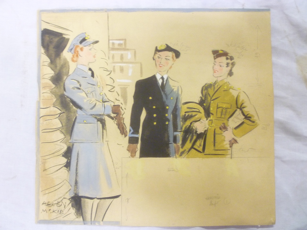 Helen McKie - watercolour World War II sketch depicting women in the Armed Forces, signed,