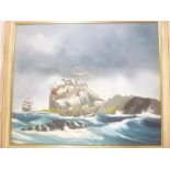 Tony Warren - oil on board "The Falmouth Packet Brig Marlborough evading an American Privateer by