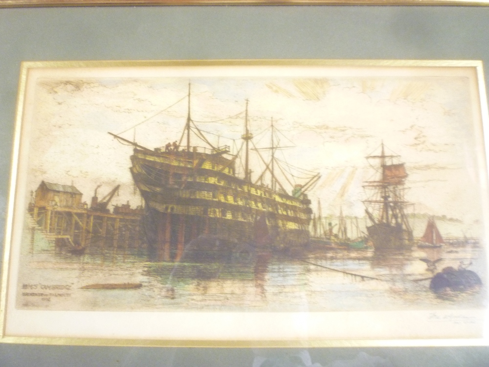 A coloured etching "HMS Cambridge broken up at Falmouth 1908", signed FW Goolden,