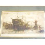 A coloured etching "HMS Cambridge broken up at Falmouth 1908", signed FW Goolden,
