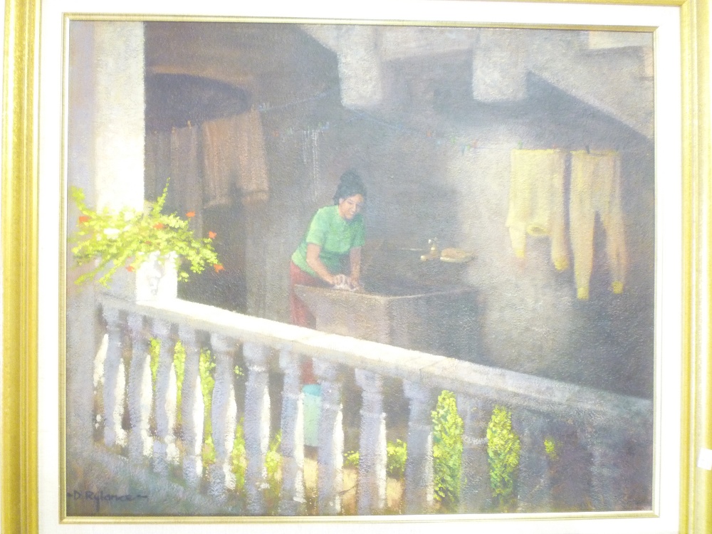 David Rylance - oil on board Continental balcony scene with a female, signed,