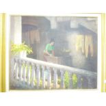 David Rylance - oil on board Continental balcony scene with a female, signed,