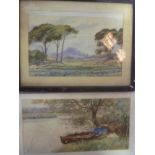 Tom Lloyd - watercolour River scene with pleasure boat,