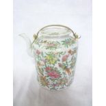 A Cantonese china cylindrical teapot and cover with painted floral and bird decoration (slight