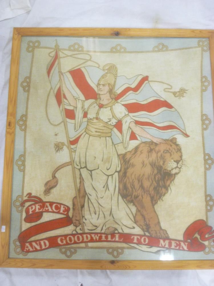 An old printed cotton banner depicting Britannia and Lion "Peace and Goodwill to Men",