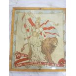 An old printed cotton banner depicting Britannia and Lion "Peace and Goodwill to Men",