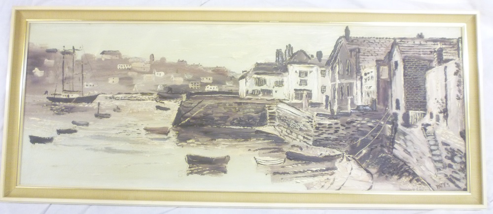 Fred Yates - oil on board Harbour scene with boats, signed,