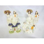 Four Victorian Staffordshire pottery figures including gatehouse figure,