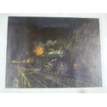 A coloured limited edition Railway print by Terence Cuneo "Night Express", studio stamps,