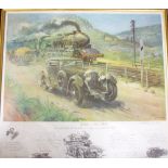 A coloured Motor Racing/ Railway print by Terence Cuneo "Bentley v Blue Train",