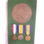 A 1914/15 Star trio of medals and memorial plaque awarded to No. 19240 Pte. S. Penwarden D.C.L.I.