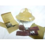 A Second War pith helmet, Parachute Regiment stable belt, Royal Engineers stable belt,