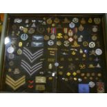A glazed display of various military badges and insignia including Officer's bronze cap badge of