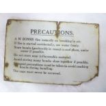 A Second War Home Guard rectangular enamelled sign "Precautions - AW Bombs Fire Instantly on