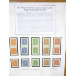 An album page of rare tete beche KGV1 and QE11 multiple letterpress postal stationary dies