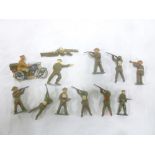 A Britains Ltd pre-War motorcycle despatch rider and 11 painted metal Infantry figures