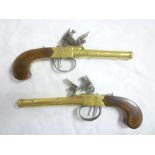 A pair of 18th Century Queen Anne-style flintlock brass cannon barrelled pistols by Bond of London