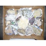 Box of various World minerals including quartz and chalcopyite, feldspar, selentine,