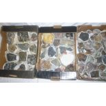 Three boxes of Cornish minerals including chlorite, cassiterite, fluorspar, goethite, dolomite,