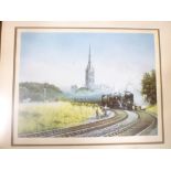 A coloured limited edition Railway print by Chris Woods - Steam train passing a cathedral, No.