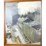 An oil on canvas depicting a steam locomotive entering a tunnel by Mike Booth, signed,