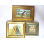 Artist unknown - oils on boards Two small studies of lions and one other oil of a dog in a window
