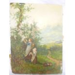 L**Rivers - watercolour Rural scene with mother and child picking flowers, inscribed to verso,