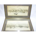 A pair of black and white etchings of a Nile scene and harbour scene with shipping,