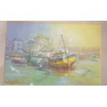 Roy Stringfellow - pastel Cornish harbour scene with fishing boats,