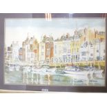 Sandy Gore - watercolour Harbour scene with fishing boats,