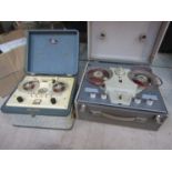 A Philips reel to reel tape recorder and an EAP reel to reel tape recorder with a quantity of tapes