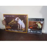 Two reproduction HMV metal signs including enamel example