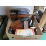 A box of miscellaneous radio spares, crystal sets, valves, Dynatron tape recorder etc