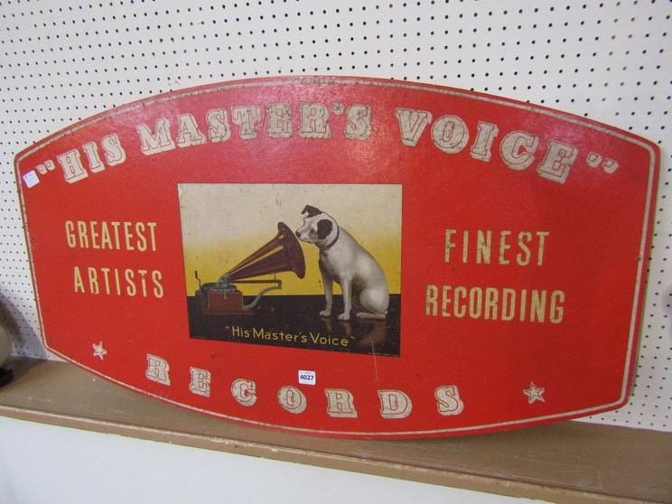 A 1950s painted ply His Masters Voice stockist's sign depicting Nipper with gramaphone