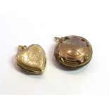 Two lockets one of heart form the other marked 9ct gold