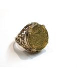 A Franz Joseph I, 100 Corona gold coin dated 1915 in pierced 9ct gold ring, size X, total weight 13.