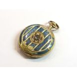 A Russian gold fob watch, the blue enamel guilloche case (worn) set with old cut diamonds, 14k,