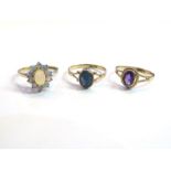 Three 9ct gold rings including amethyst and opal, 5.