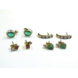 Four pairs of gold earrings, emerald and diamond, ruby and diamond,