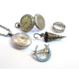 A silver fob watch, locket on chain, enamelled horseshoe brooch,