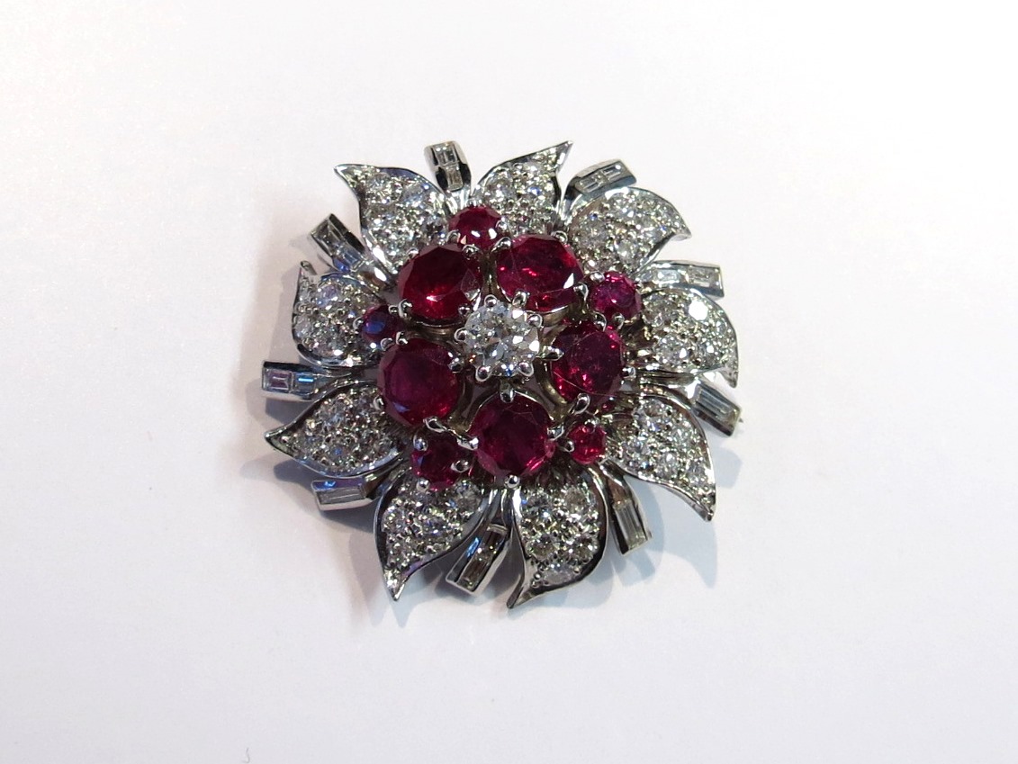 A diamond and ruby floral encrusted brooch the centre diamond .25ct approx. - Image 2 of 2