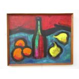 COLIN MOSS (1914-2005) (ARR) A framed oil on board, still life of wine bottle with fruit,