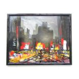 A late 20th century mixed media and collage on canvas, night time cityscape.