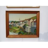 DELLINO (XX) A framed oil on artist board, stylized scene of a coastal town.