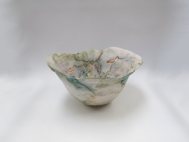 PETA WHITING (XX/XXI) A ceramic large flared bowl with Avocet decoration. Labelled to base. 22.