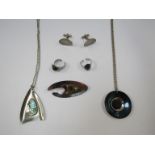 Collection of 1960's stainless steel jewellery- two pendants, two rings, brooch and cufflinks,