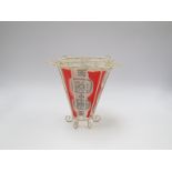 A very rare and unusual 1950's glass and white metal lampshade with red and black abstract design.